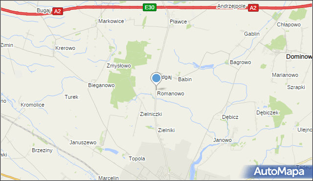 mapa Romanowo, Romanowo gmina Środa Wielkopolska na mapie Targeo